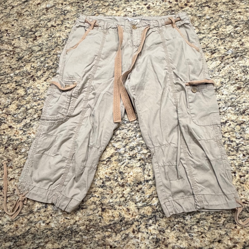 Vintage Faded Glory Khaki Cargo Capri Pants Womens 16 Tan Cotton Crop Drawstring